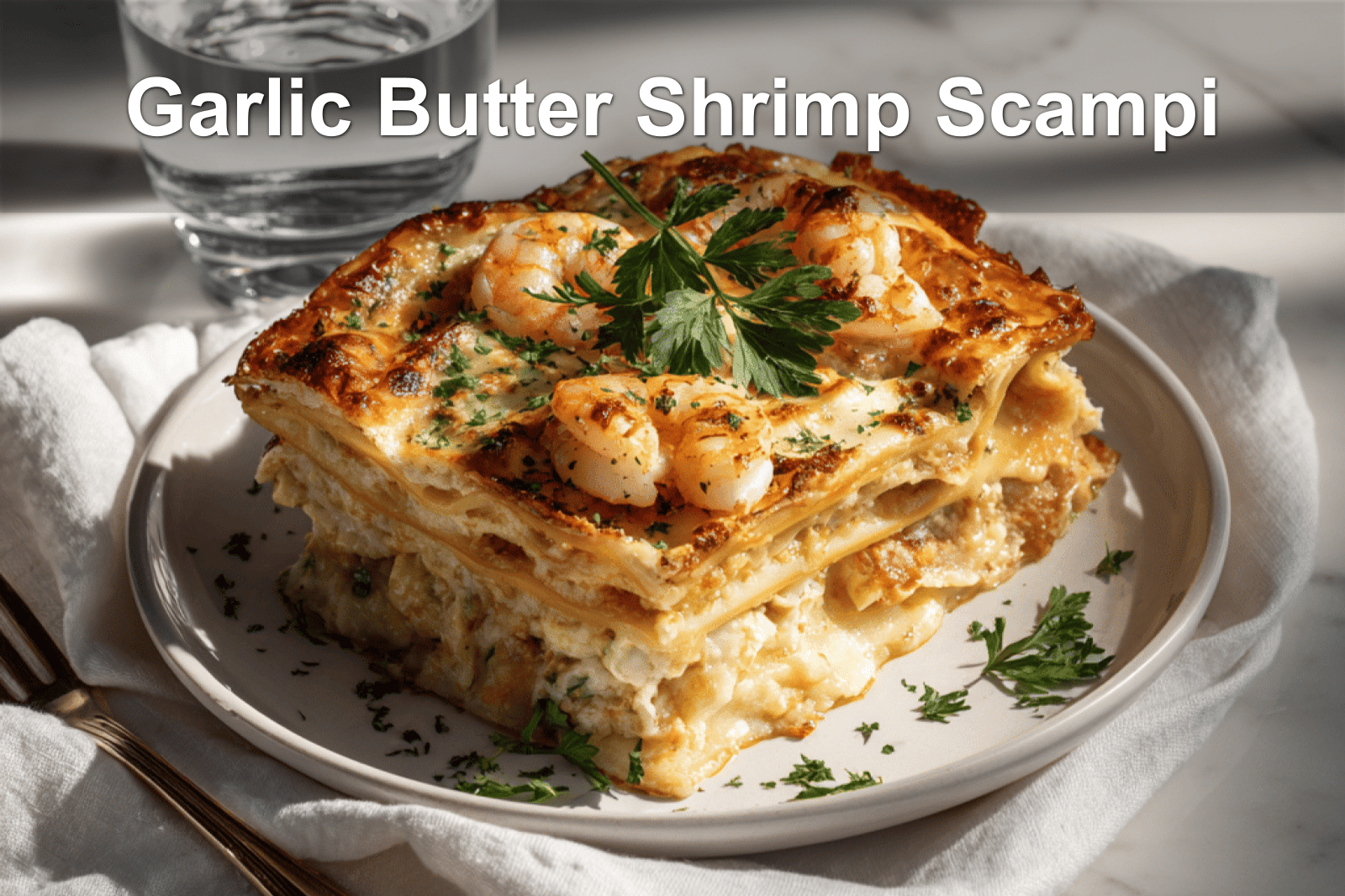 Golden Garlic Butter Shrimp Scampi Lasagna on a white cloth with water glass background.
