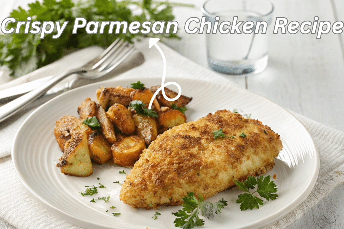 Golden crispy Parmesan chicken recipe on a white plate, styled with roasted vegetables and a glass of water
