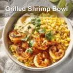 Grilled Shrimp Bowl with Avocado: Fresh, Healthy & Delicious 4 Grilled Shrimp Bowl with Avocado and Corn Salsa on a clean, natural table setup.