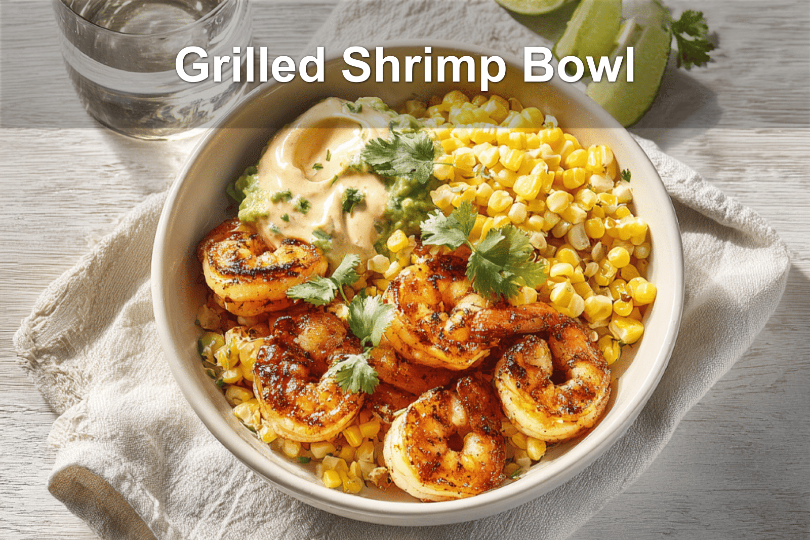 Grilled Shrimp Bowl with Avocado and Corn Salsa on a clean, natural table setup.