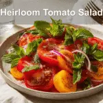 Heirloom Tomato Salad: A Fresh Summer Recipe Essential 4 Heirloom Tomato Salad with colorful fresh ingredients on white cloth, natural lighting, summer vibe.