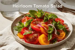 Heirloom Tomato Salad with colorful fresh ingredients on white cloth, natural lighting, summer vibe.