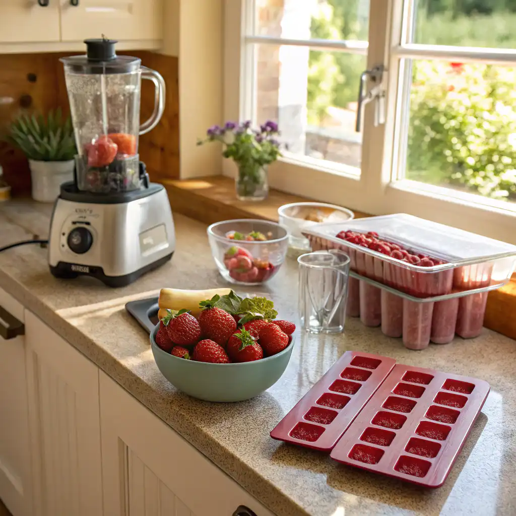 Making strawberry popsicles at home