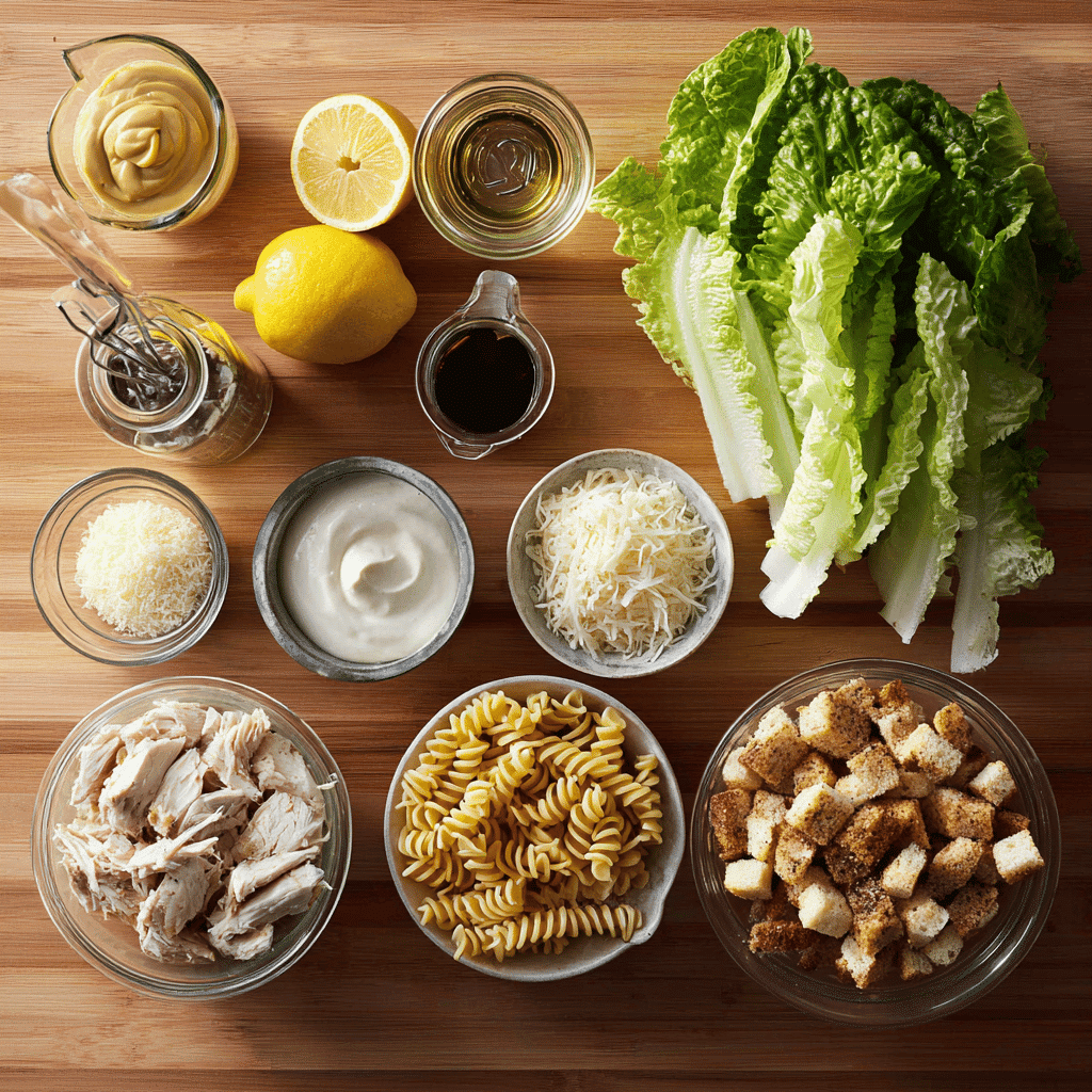 Chicken Caesar Pasta Salad - Easy, Delicious Recipe! 3 Flat-lay of fresh Caesar pasta salad ingredients elegantly arranged on a wooden surface.