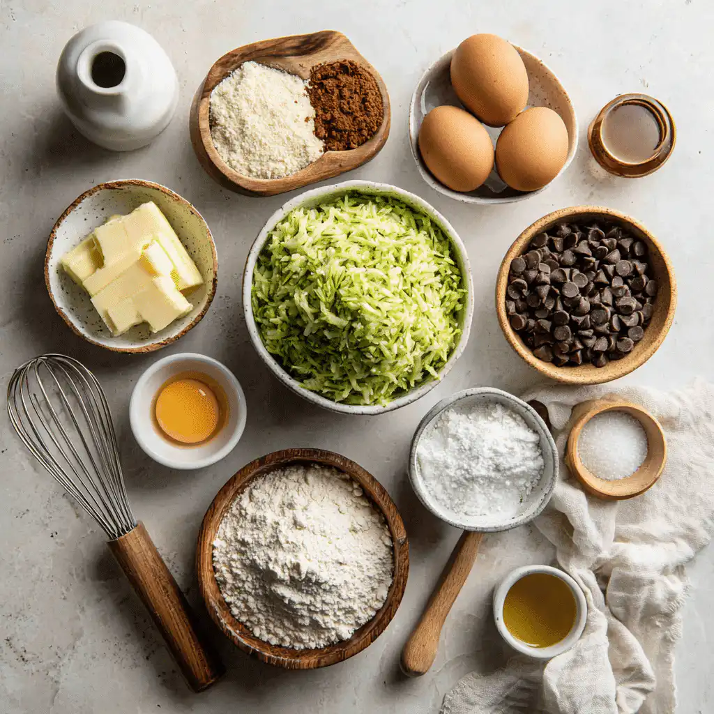 Ingredients for Chocolate Chip Zucchini Bars arranged neatly on a marble surface