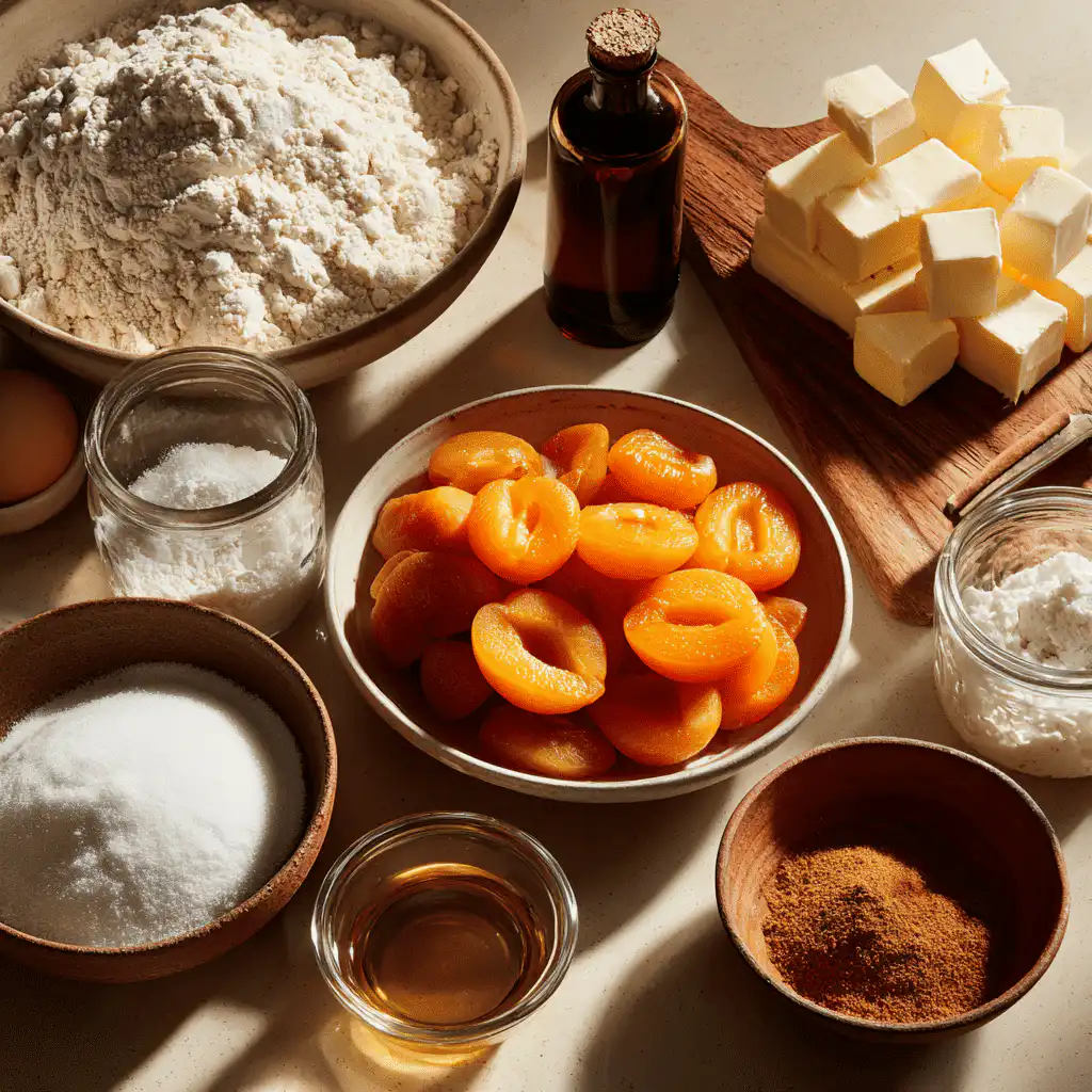 Ingredients for apricot buckle neatly arranged in natural light with warm tones