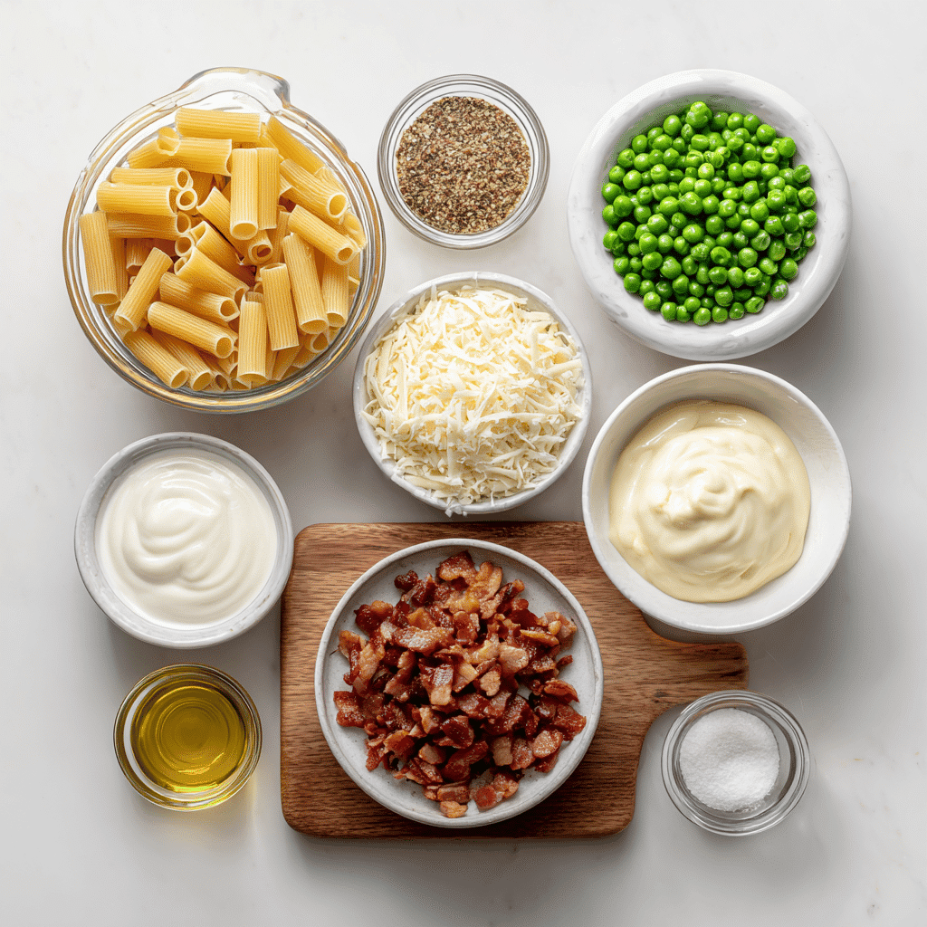 Creamy Pasta Salad – Easy, Delicious & Perfect for Picnics 3 Ingredients for creamy pasta salad displayed neatly against a bright, clean background