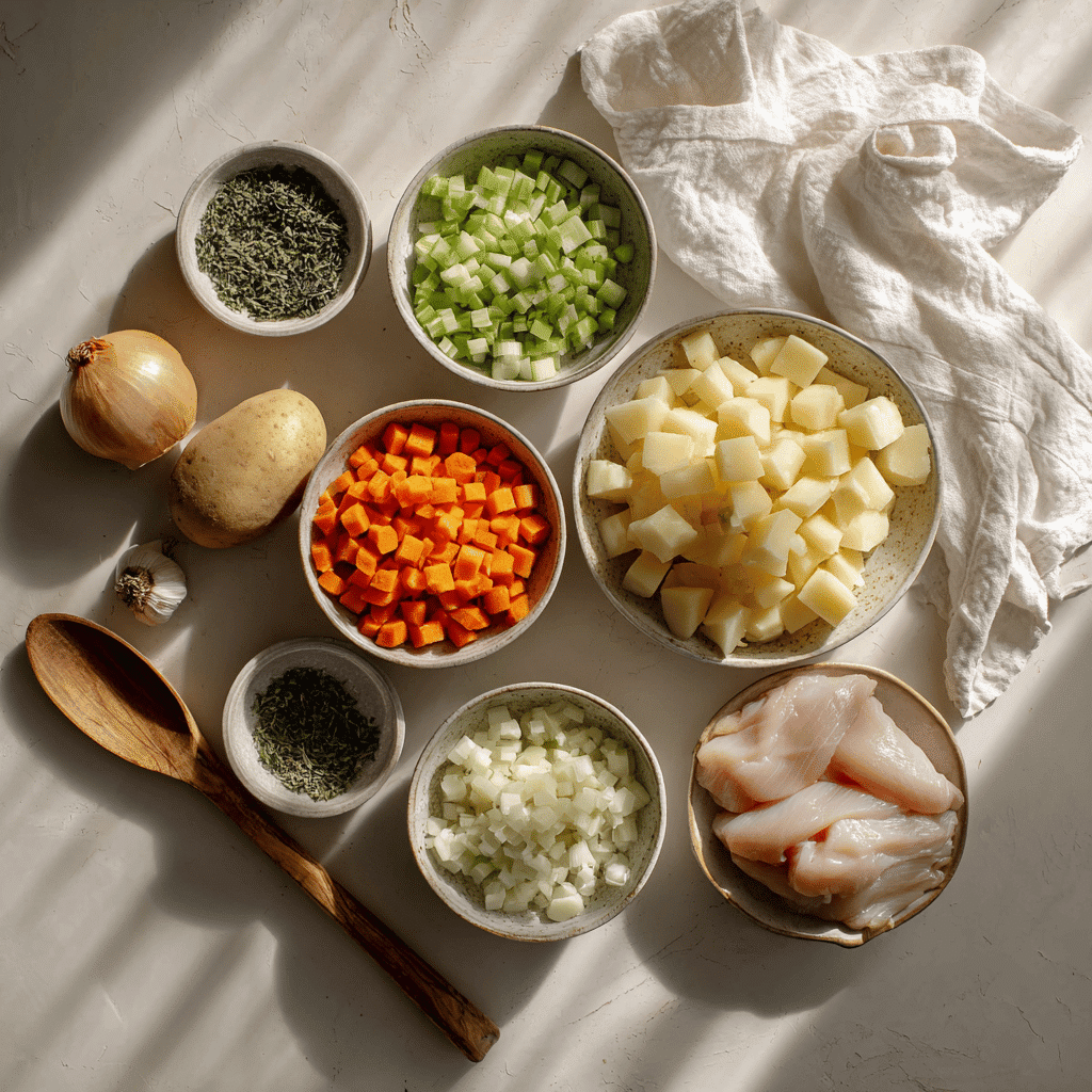 Chicken Pot Pie Soup – Cozy, Creamy, Comfort in a Bowl 3 Beautifully arranged Chicken Pot Pie Soup ingredients in a flat lay