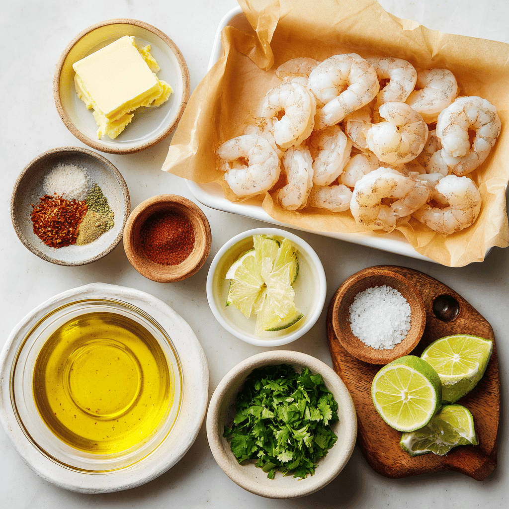 Cilantro Lime Shrimp Tacos with Creamy Slaw - Fresh & Zesty! 3 Ingredients for cilantro lime shrimp tacos: shrimp, spices, lime, honey, and cilantro.