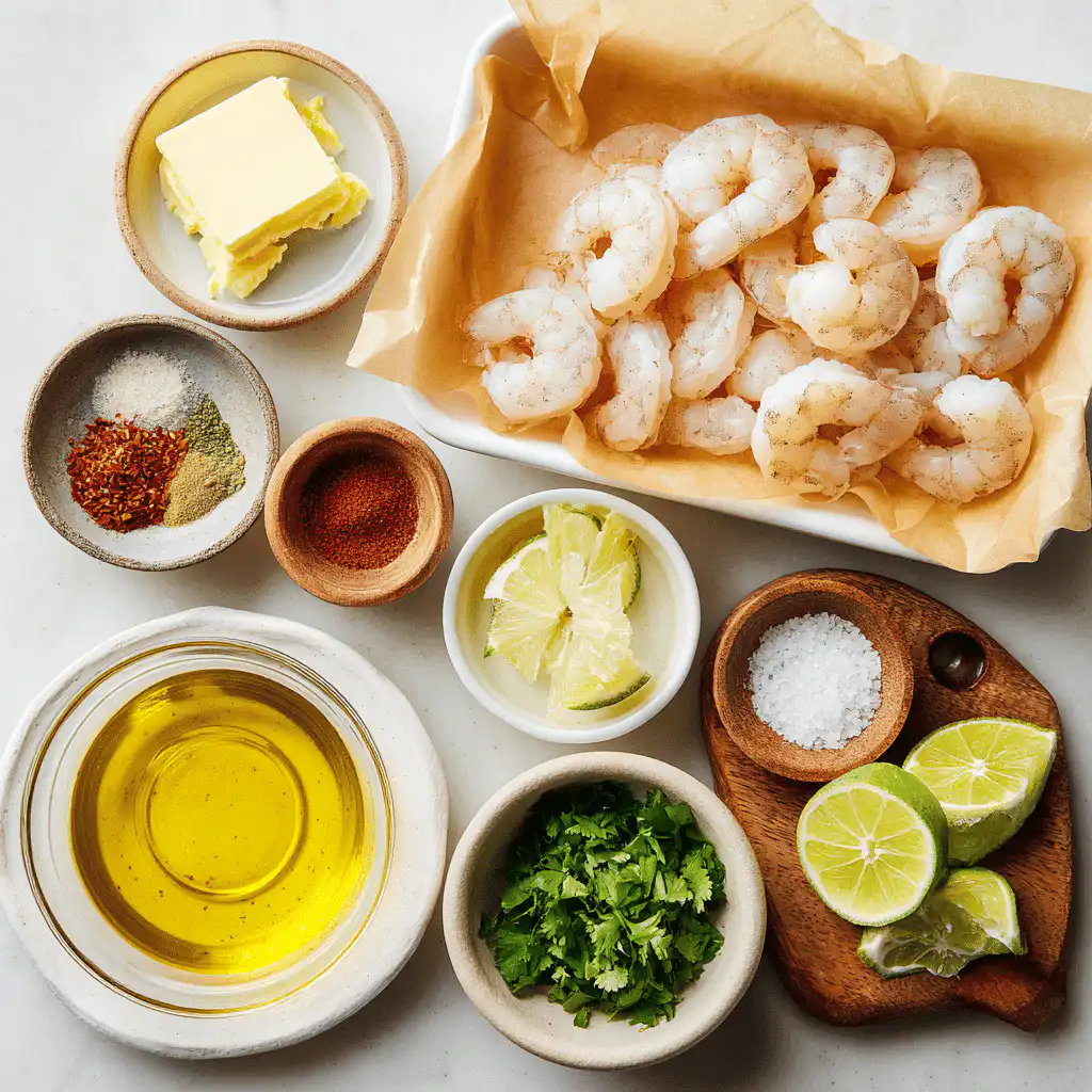 Ingredients for cilantro lime shrimp tacos: shrimp, spices, lime, honey, and cilantro.