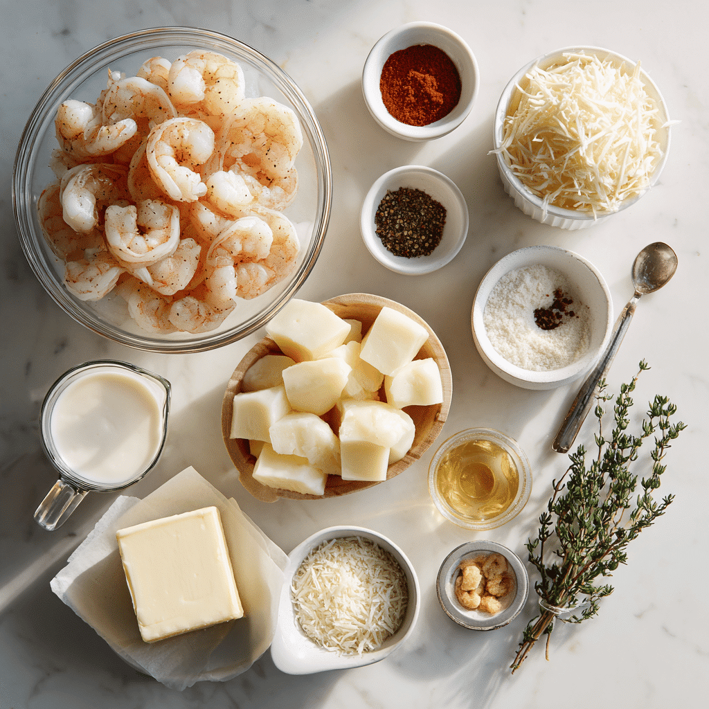 Creamy Garlic Shrimp Over Mashed Potatoes | Comfort Food Perfection 3 Beautifully arranged ingredients for creamy garlic shrimp with mashed potatoes, styled for a food blog.