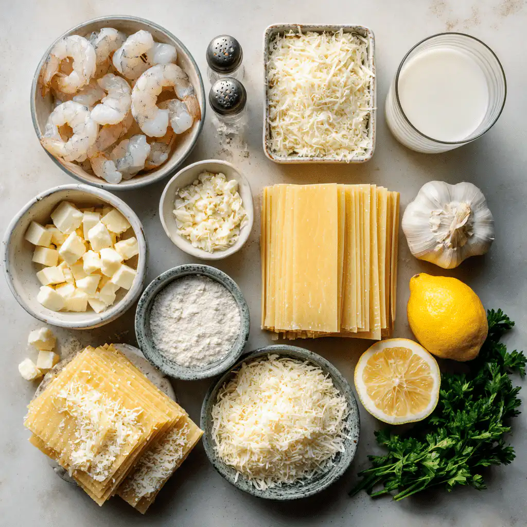 Ingredients for Garlic Butter Shrimp Scampi Lasagna neatly organized on a clean surface