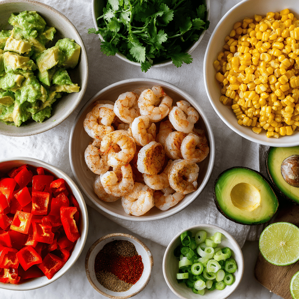 Grilled Shrimp Bowl with Avocado: Fresh, Healthy & Delicious 3 Fresh ingredients for Grilled Shrimp Bowl, including shrimp, avocado, corn, and lime, neatly displayed.