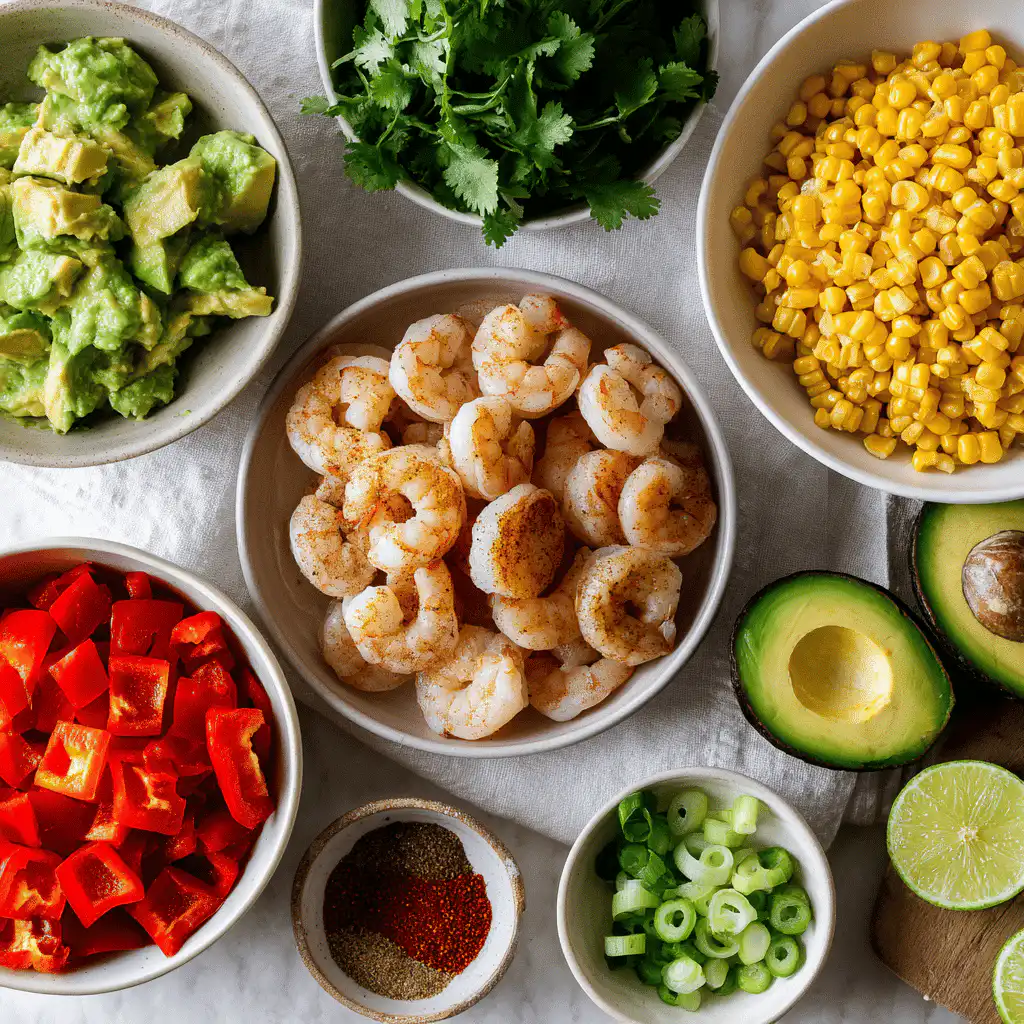 Fresh ingredients for Grilled Shrimp Bowl, including shrimp, avocado, corn, and lime, neatly displayed.