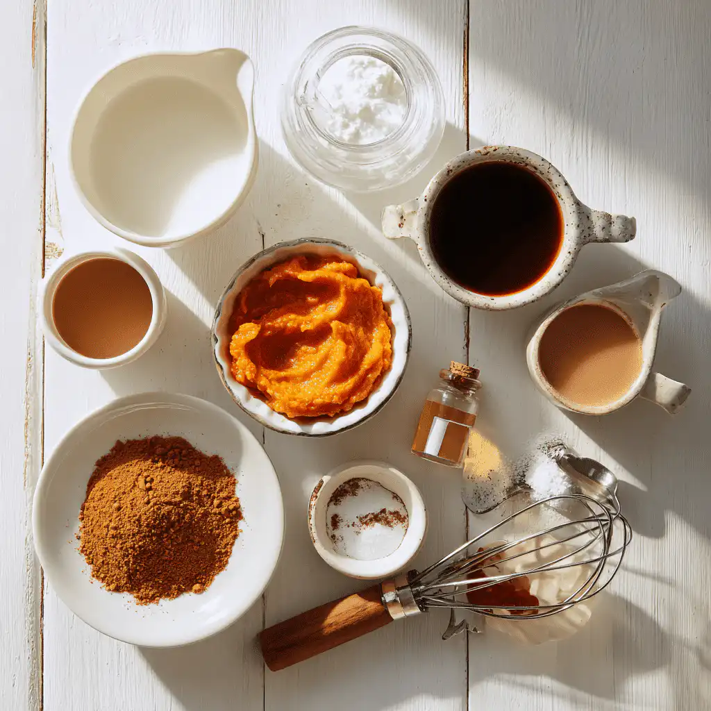 Organized pumpkin spice latte ingredients on a clean surface with warm tones