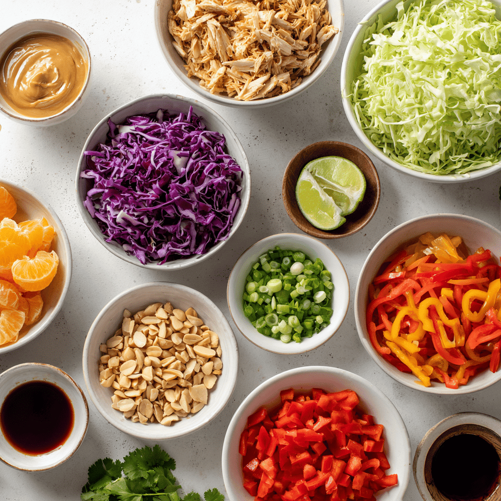 Thai Chicken Salad - Fresh, Vibrant & Healthy Recipe 3 Flat-lay of Thai Chicken Salad ingredients beautifully displayed on a clean surface.