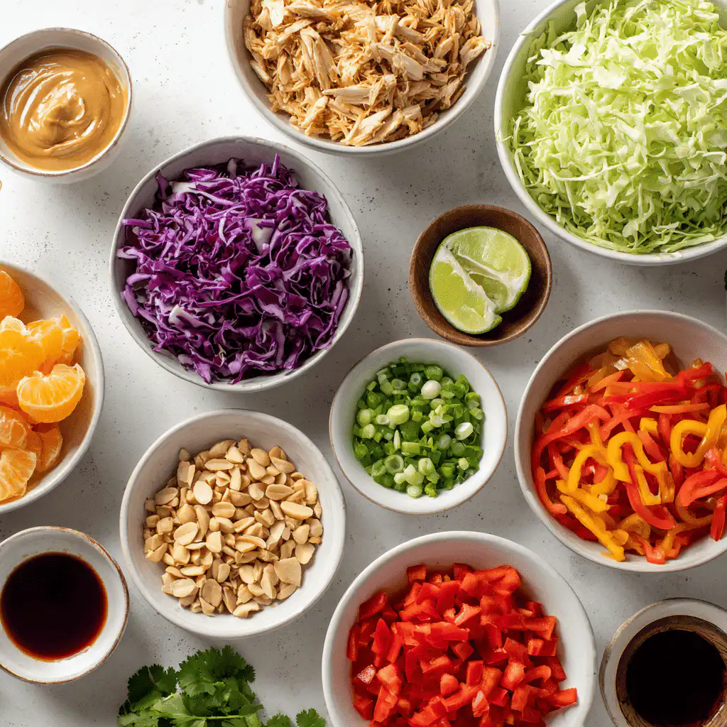 Flat-lay of Thai Chicken Salad ingredients beautifully displayed on a clean surface.
