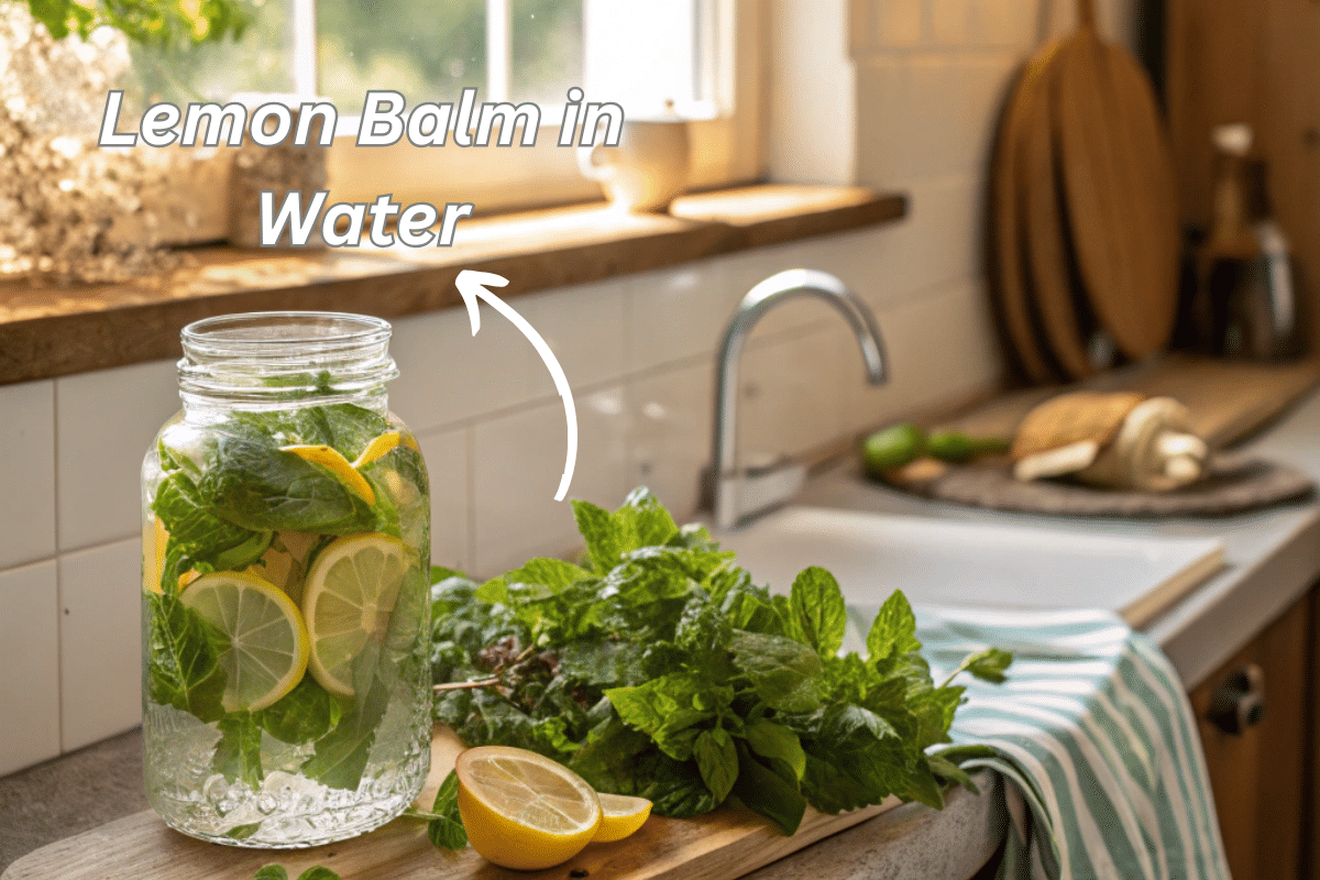 Lemon balm in water in a glass jar on a cozy kitchen counter