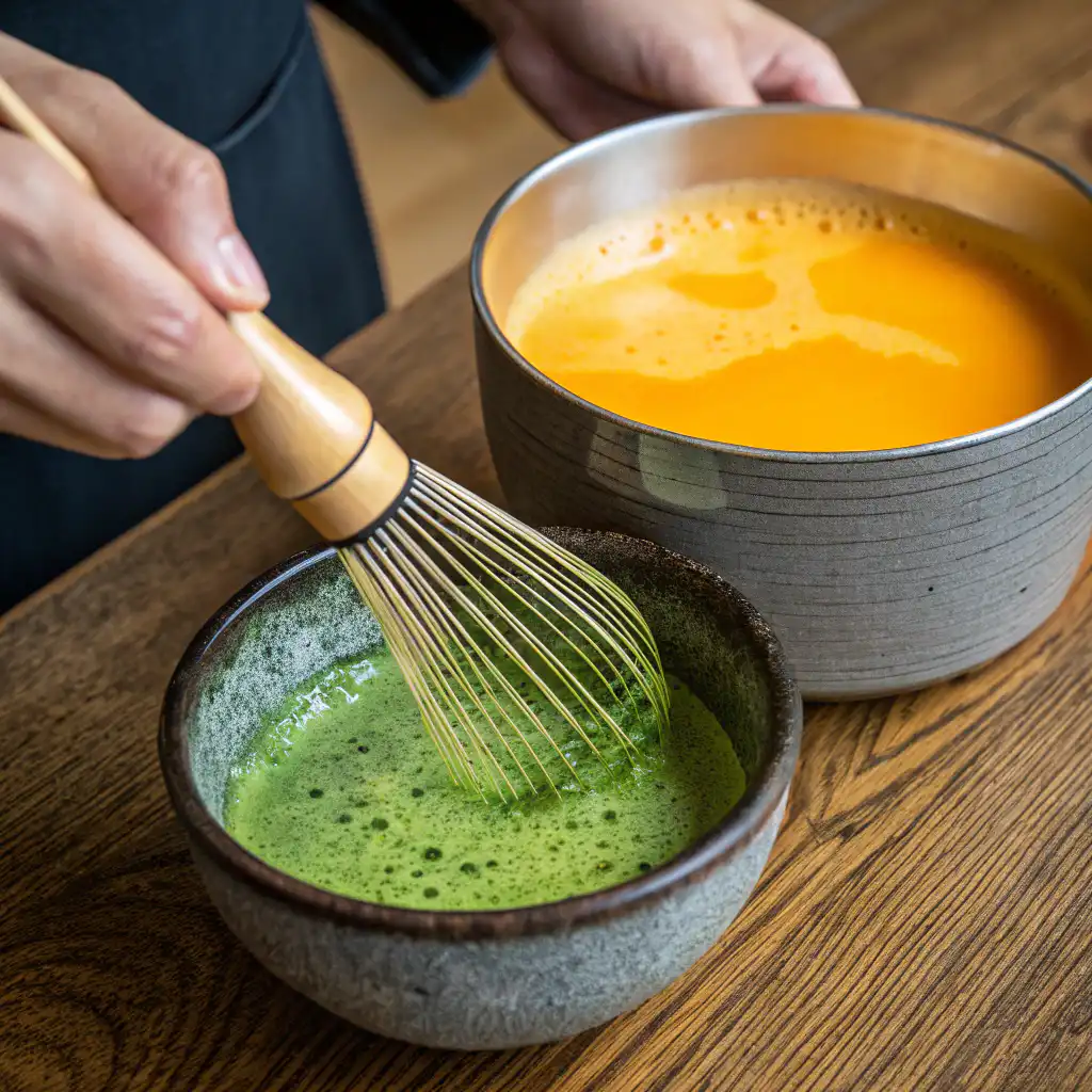 Whisking matcha and warming milk with orange