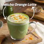 Cozy matcha orange latte in a mug on a wooden table