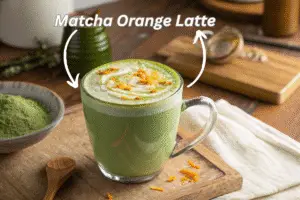 Cozy matcha orange latte in a mug on a wooden table
