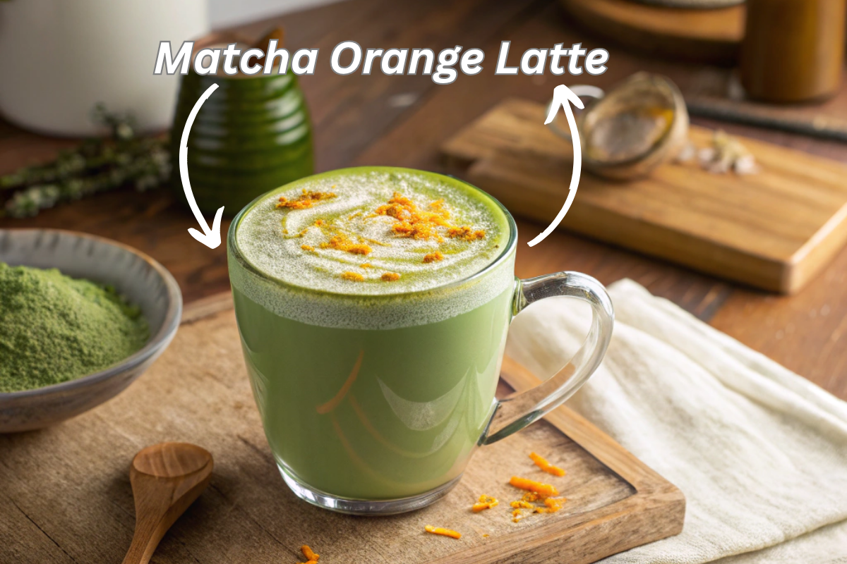 Cozy matcha orange latte in a mug on a wooden table