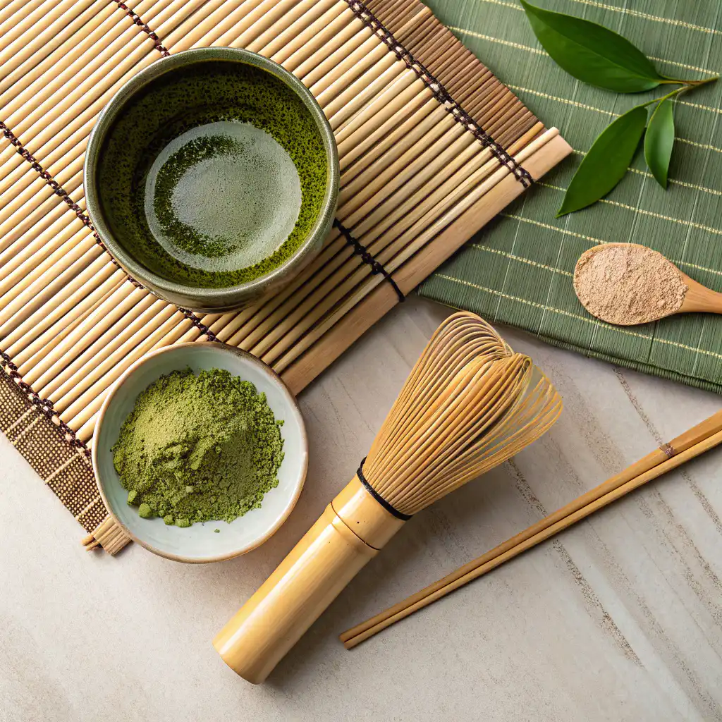 Matcha tea tools laid out neatly before use