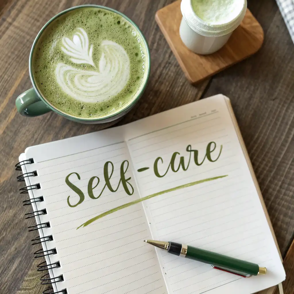 Matcha latte and notebook with wellness vibes