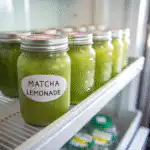 Matcha lemonade in mason jars in a fridge