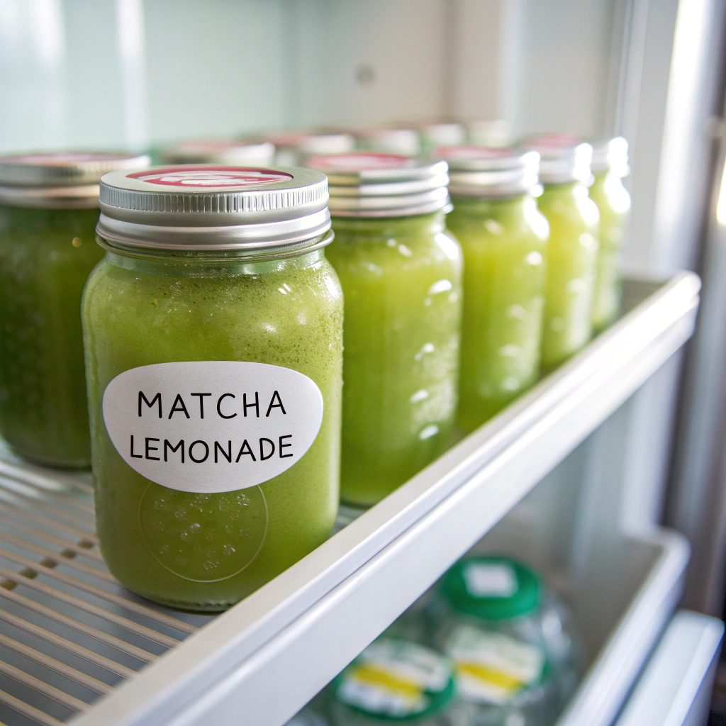 Matcha Tea Lemonade: The Coolest Drink You’ll Savor This Summer + Video 8 Matcha lemonade in mason jars in a fridge