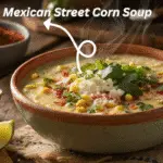 Mexican street corn soup in ceramic bowl topped with cotija cheese, cilantro, and lime wedges