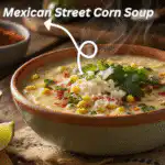 Mexican street corn soup in ceramic bowl topped with cotija cheese, cilantro, and lime wedges