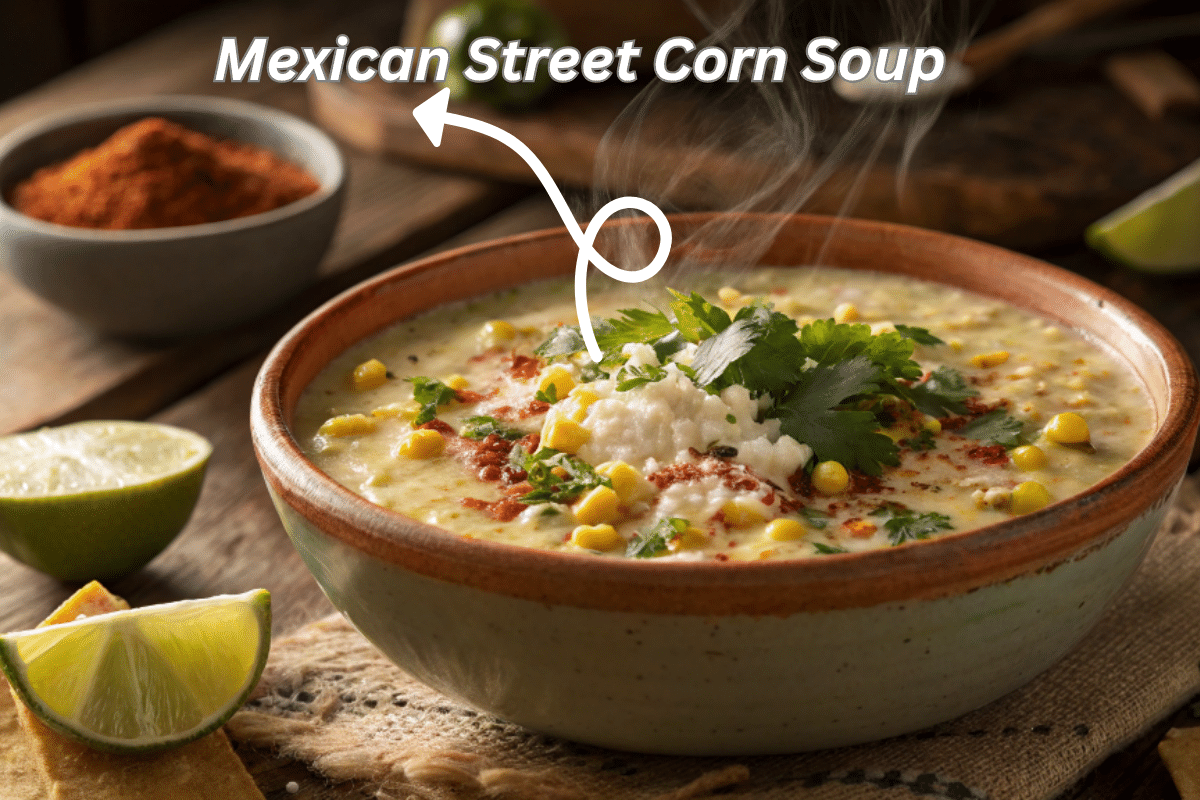 Mexican street corn soup in ceramic bowl topped with cotija cheese, cilantro, and lime wedges