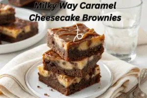 Milky Way Caramel Cheesecake Brownies – Irresistibly Gooey! Milky Way Caramel Cheesecake Brownies stacked with gooey caramel and Milky Way chunks on a white napkin, glass of water beside it