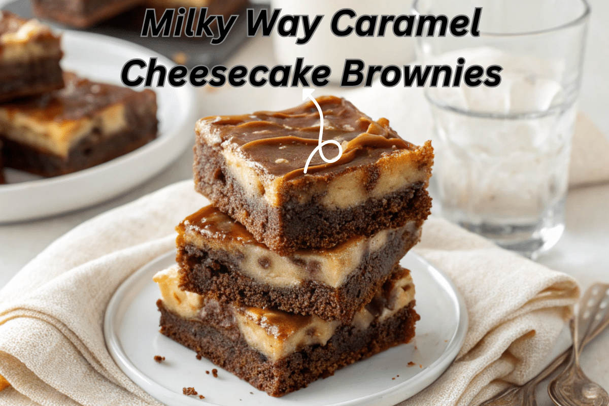 Milky Way Caramel Cheesecake Brownies stacked with gooey caramel and Milky Way chunks on a white napkin, glass of water beside it