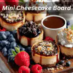 Mini Cheesecake Board surrounded by delicious toppings like berries, sauces, and nuts.