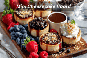 Mini Cheesecake Board surrounded by delicious toppings like berries, sauces, and nuts.