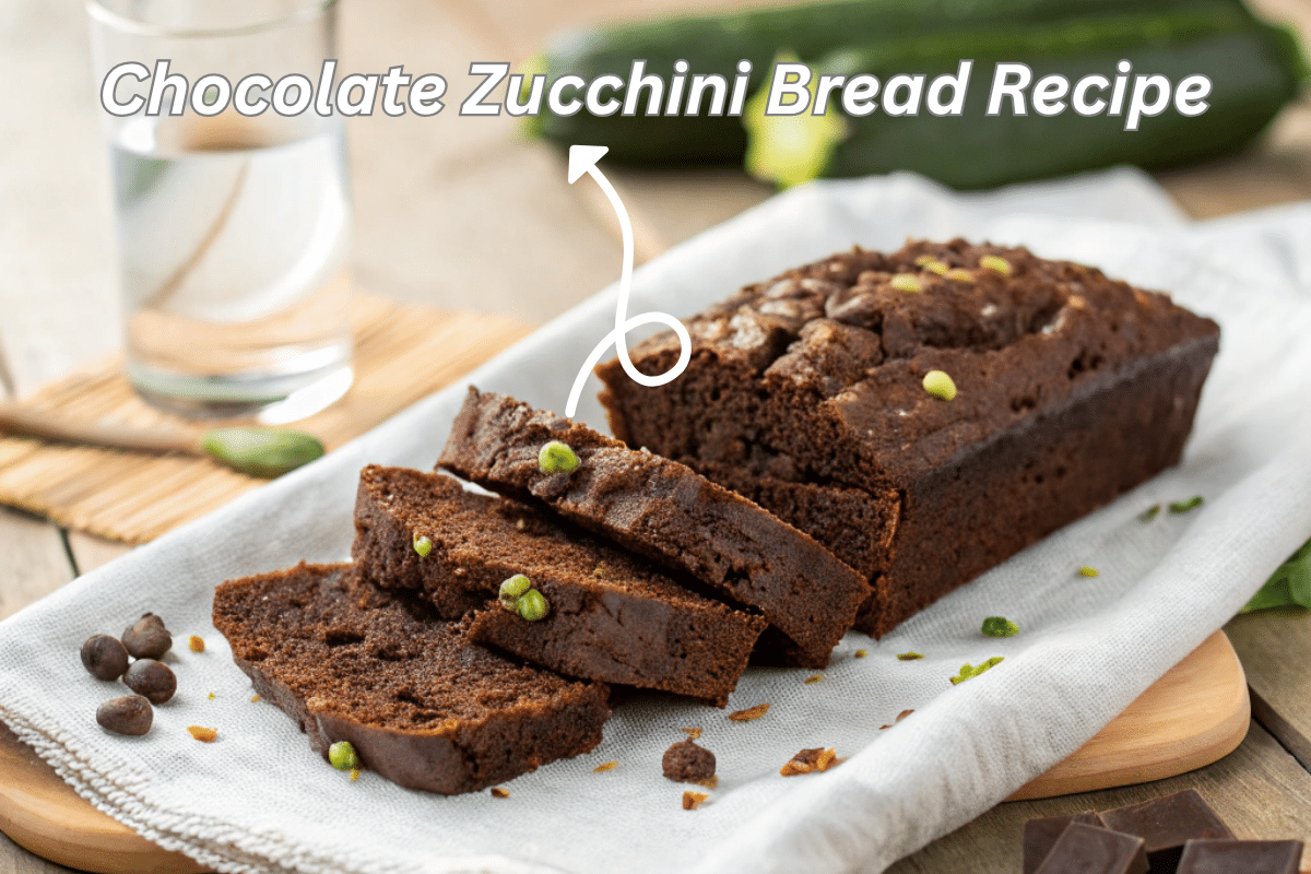 Moist, rich chocolate zucchini bread recipe on a white cloth with a glass of water and clean table setup