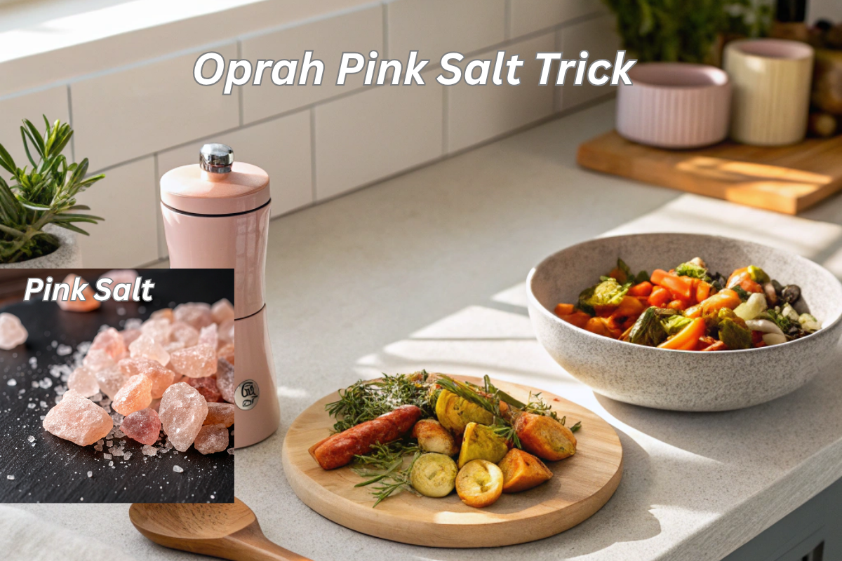 Oprah Pink Salt Trick : Pink salt grinder and roasted veggies on a kitchen counter
