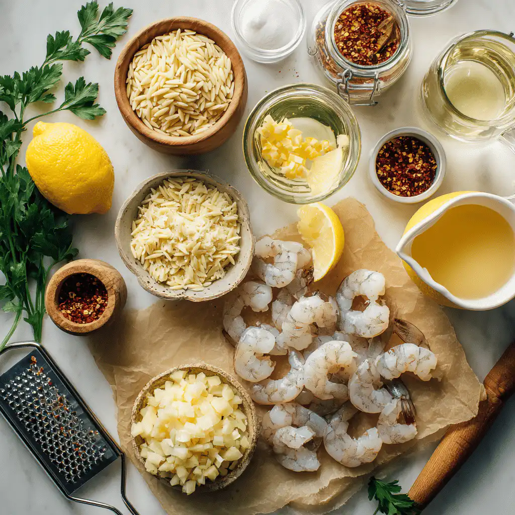 Organized flat lay of ingredients for Parmesan Orzo with Shrimp