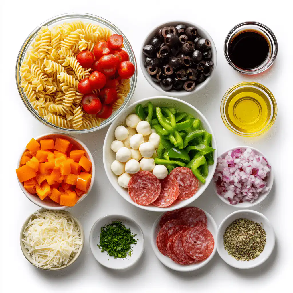 Organized pasta salad ingredients flat-lay