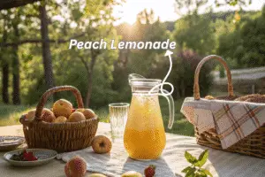 Peach Lemonade That Tastes Like Summer in a Glass Fresh pitcher of peach lemonade outdoors on a picnic table