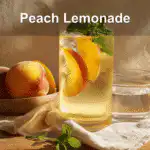 Tall glass of peach lemonade with mint garnish on a white napkin.