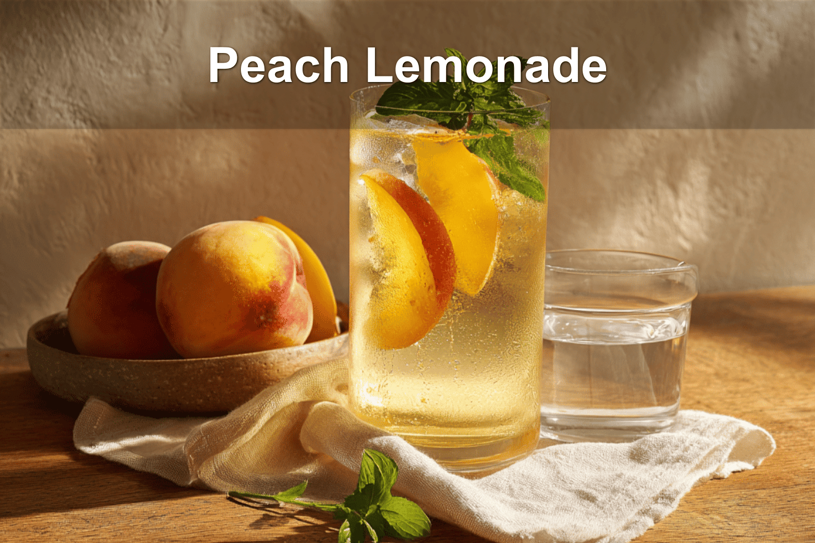 Tall glass of peach lemonade with mint garnish on a white napkin.