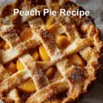 Peach Pie Recipe: Sweet, Juicy & Easy to Make 2 Golden peach pie with lattice crust on white cloth, glass of water beside it.