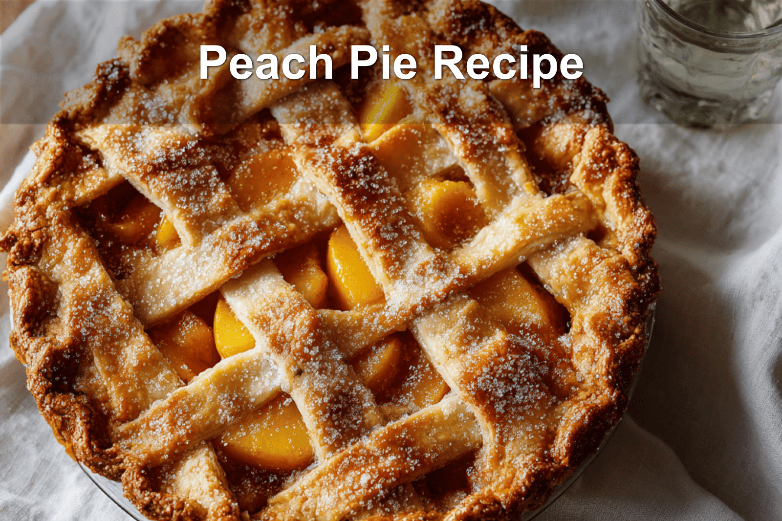 Golden peach pie with lattice crust on white cloth, glass of water beside it.