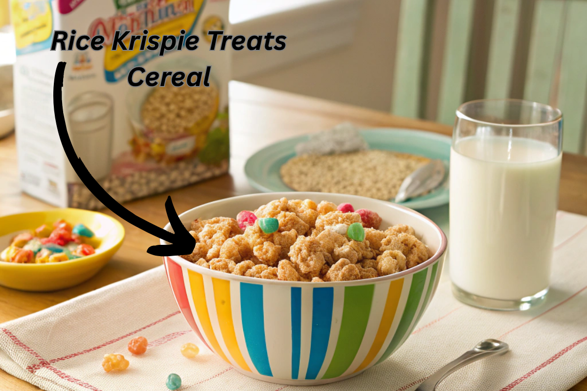 Bowl of Rice Krispie Treats Cereal on a breakfast table
