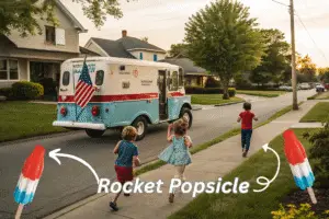 Kids getting rocket popsicles from vintage ice cream truck