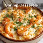 Shrimp Casserole Recipe: Easy, Creamy & Delicious Meal 4 Golden, bubbly shrimp casserole on white cloth napkin with clear glass of water.