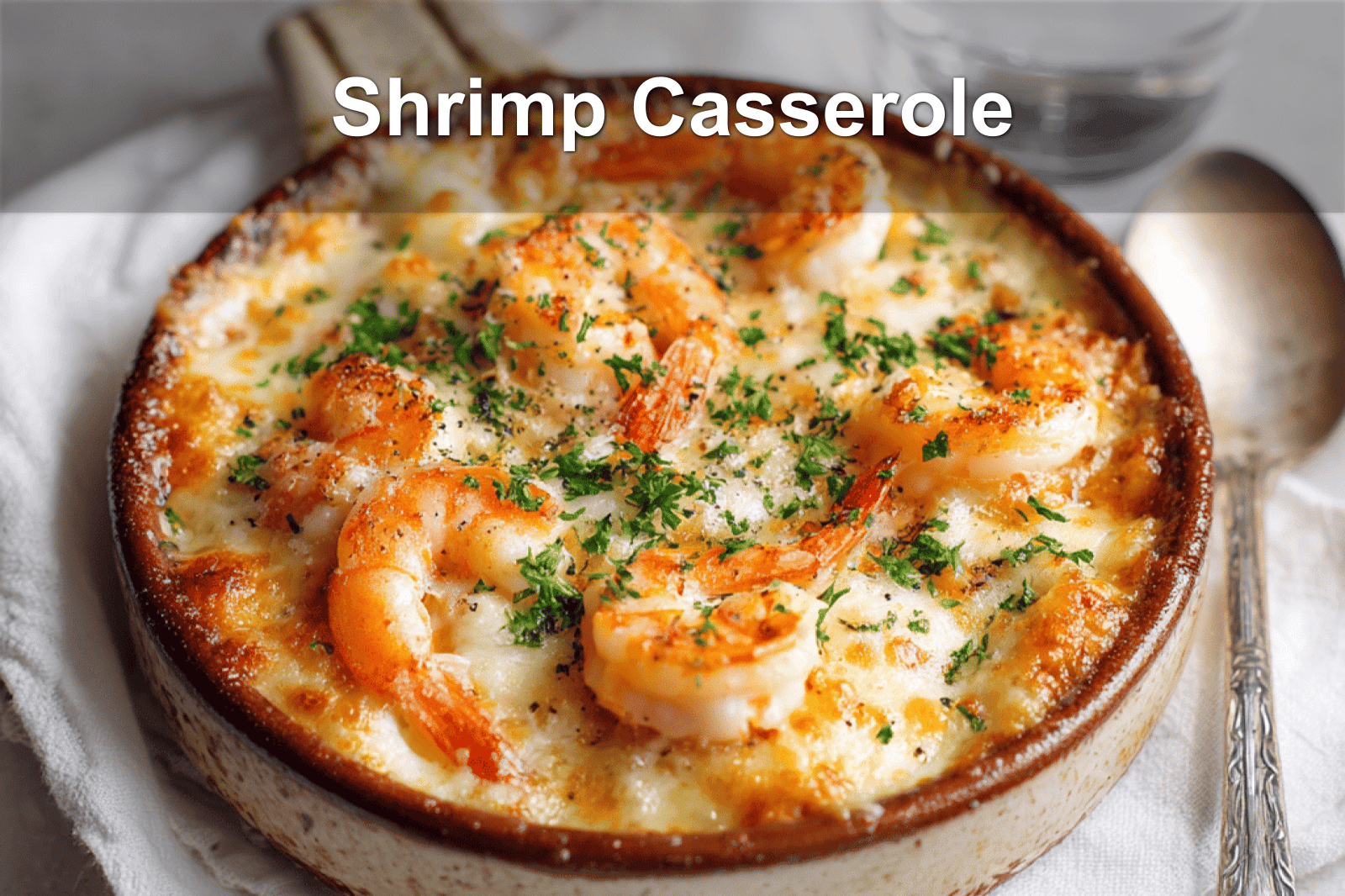 Golden, bubbly shrimp casserole on white cloth napkin with clear glass of water.